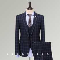 Mens suit suit thick youth English style slim blue plaid business casual suit suit suit mens formal dress