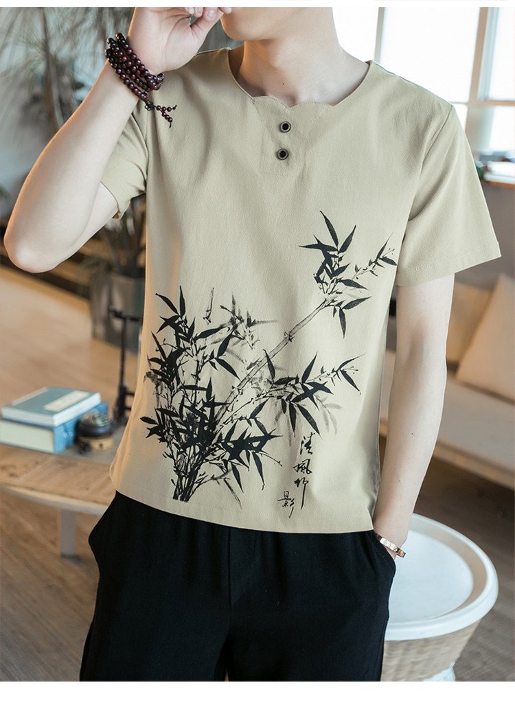 中国风男士短袖t恤加大码潮男棉麻竹子印花t恤a032/y888/30控48