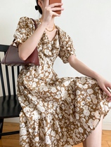 South France niche D0en~ Light brown floral silk cotton ruffle dress 20 Summer