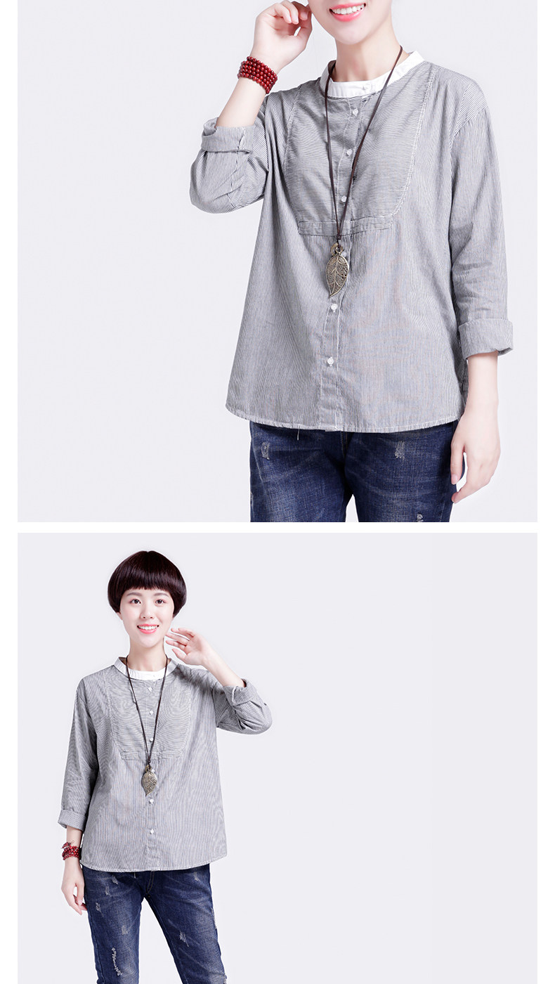 聆悦2017秋季新款纯色宽松平肩袖t恤 文艺休闲圆领单排扣上衣