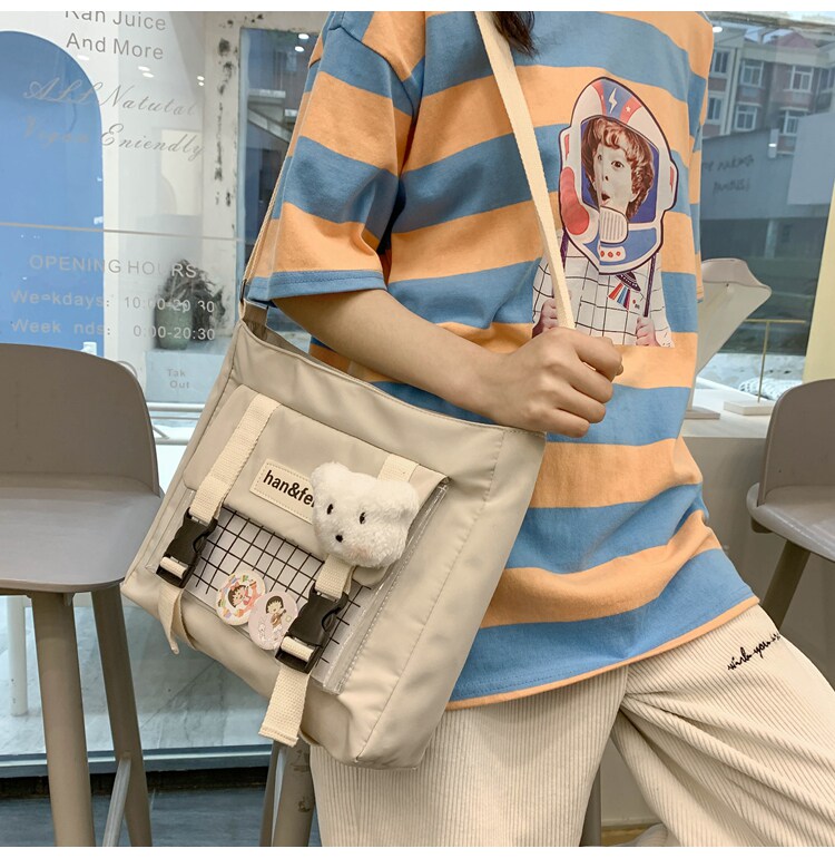 帆布包女斜挎包格子日系小清新单肩包ins2021潮袋子学生网红包包