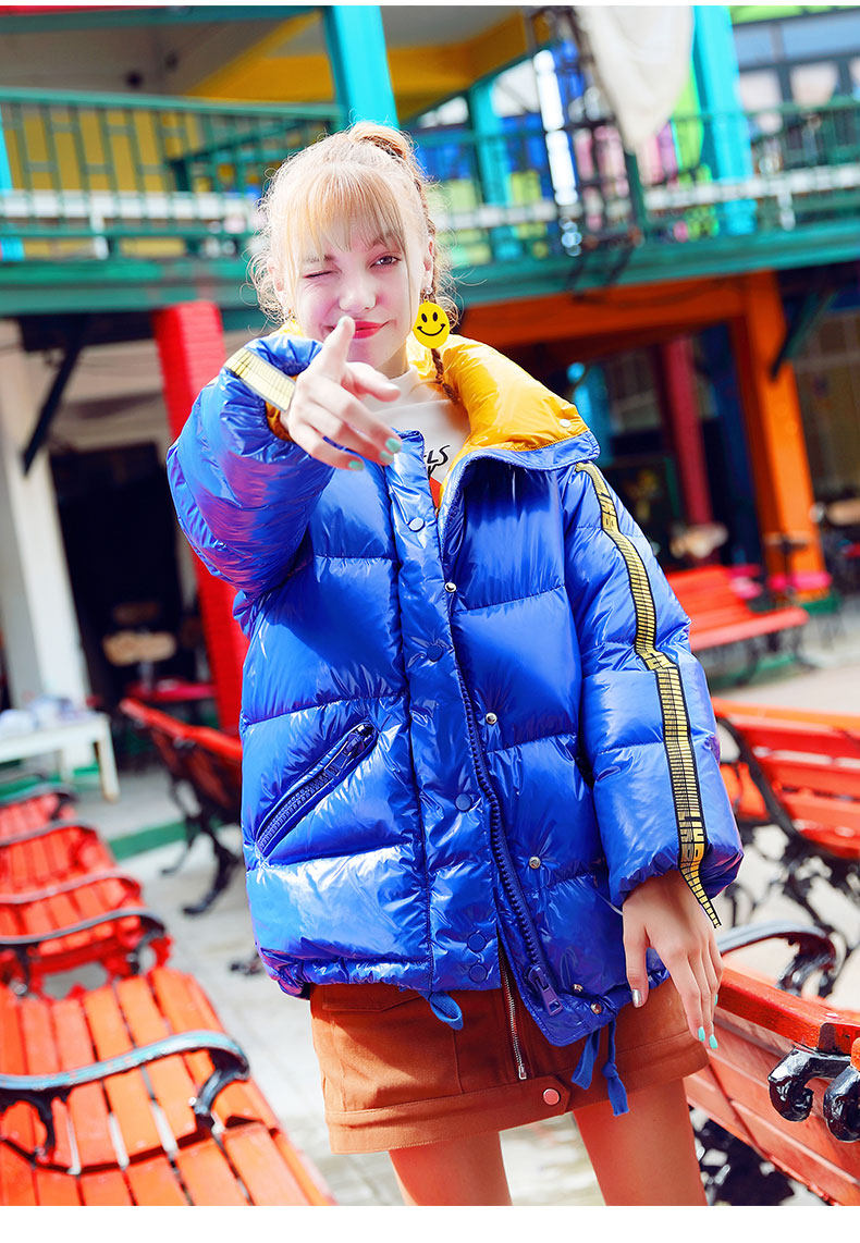 中长款宝蓝漆皮亮面反季羽绒服女时尚小个子2019新款亮皮外套清仓