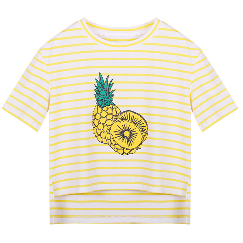 2017夏季新款不规则下摆宽松圆领短袖菠萝印花t恤女条纹短款上衣