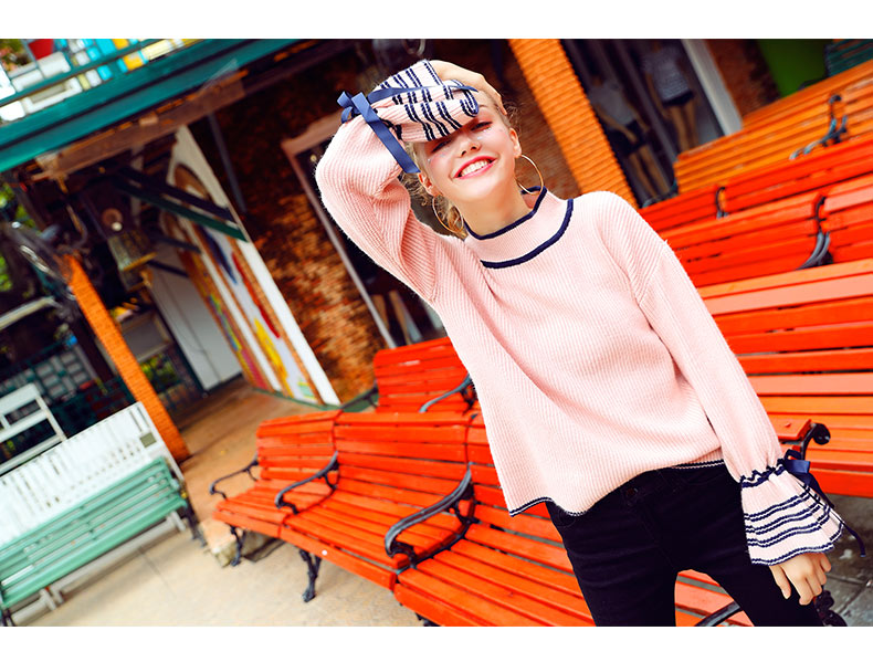 喇叭袖粉色毛衣女外穿百搭套头宽松软妹甜美可