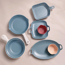 Pallor melamine two-color blue leucorrhea handle vegetable dish fish dish soup bowl double ear plate dumpling plate imitation porcelain Hotel Hotel