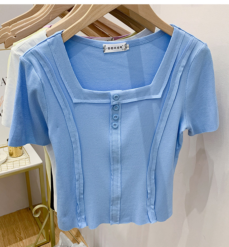 实拍短袖t恤女设计感小众方领半袖上衣白色洋气修身内搭打底衫潮 - 17