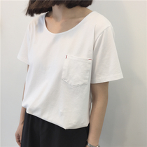 Cure machine pocket red thread embroidery tee V chicken heart collar Joker loose loose thin short sleeve solid color T-shirt women Cotton