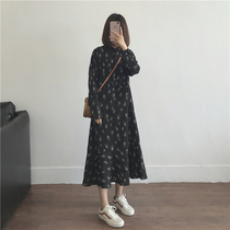 muzi 21 autumn black senior sense streamer can rewind waist fresh small floral shiny chiffon dress women