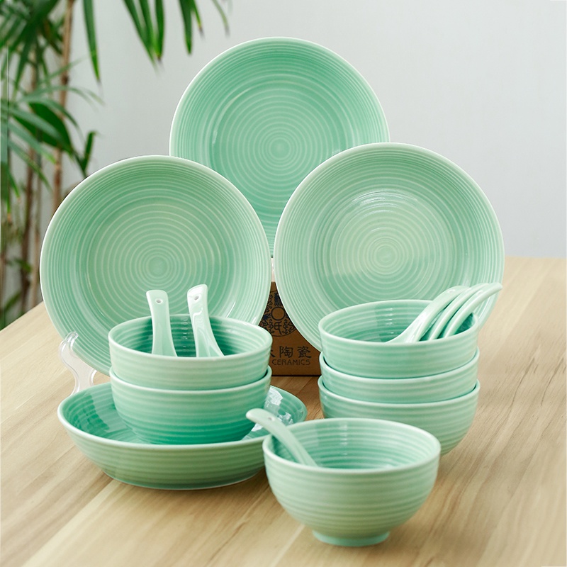 The Sioux ceramic tableware suit longquan celadon glaze bowls plates teaspoons of 16 head set of ceramic rings