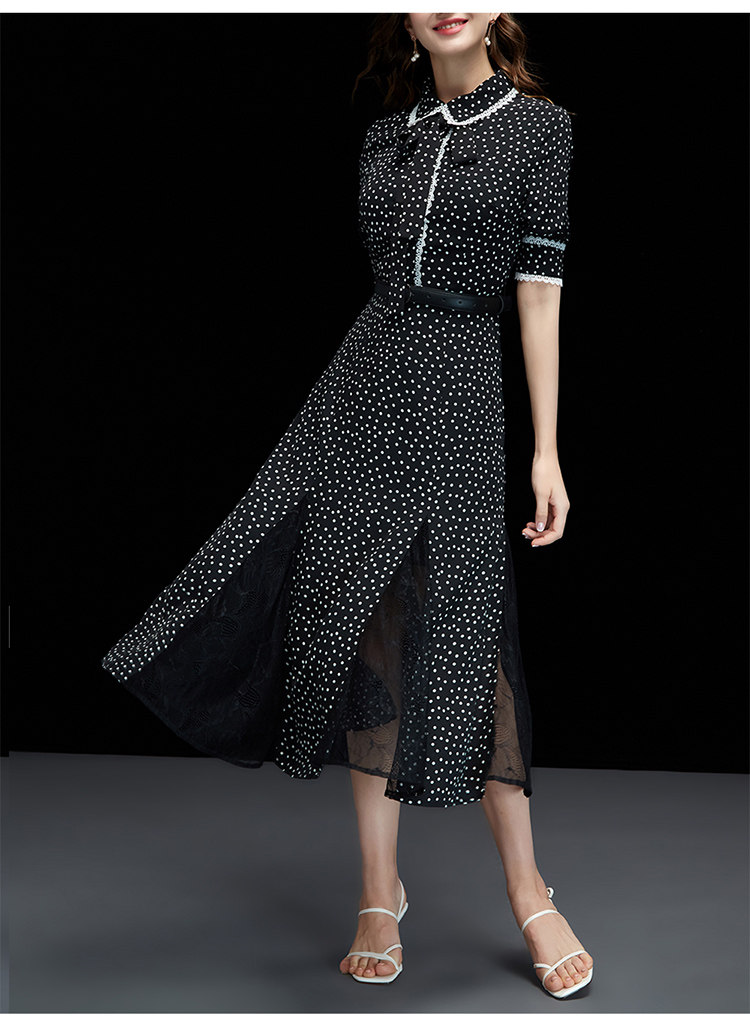夏装2020新款女装黑色雪纺长裙气质波点裙子短袖收腰中长款连衣裙