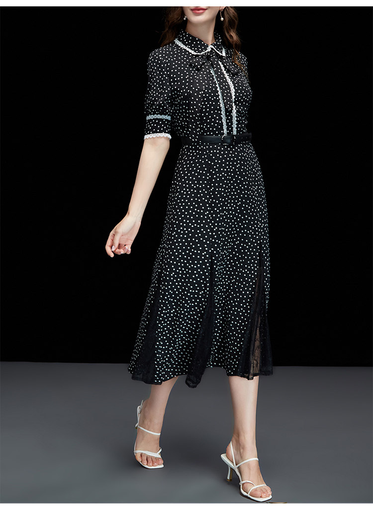 夏装2020新款女装黑色雪纺长裙气质波点裙子短袖收腰中长款连衣裙