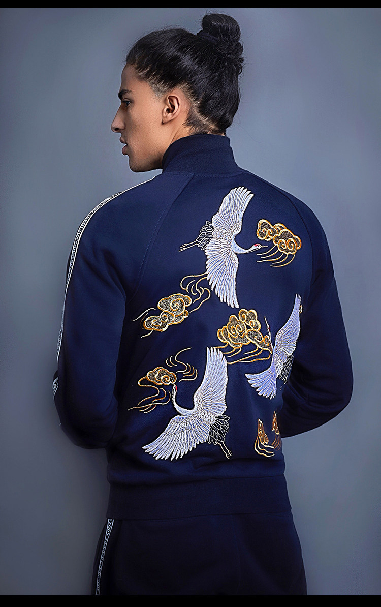 贝勒府中国风刺绣仙鹤复古运动服外套竖条卫衣夹克休闲套装男潮流