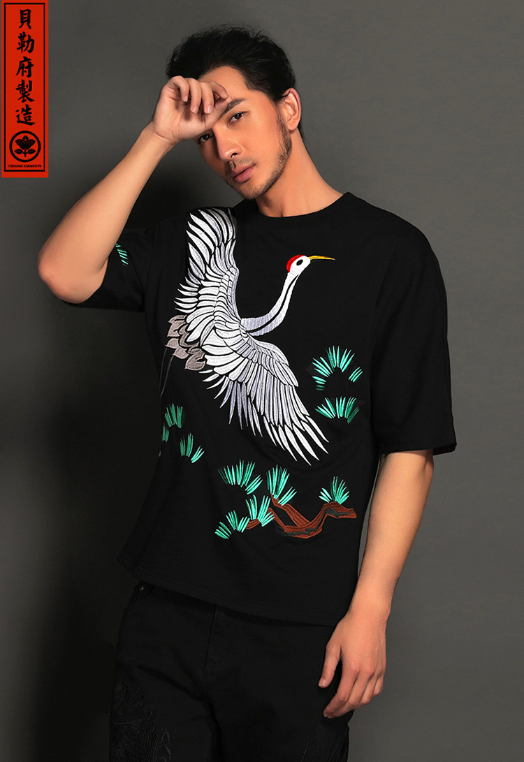 贝勒府中国风男装原创松柏仙鹤刺绣宽松棉t恤夏季廓形中袖个性潮