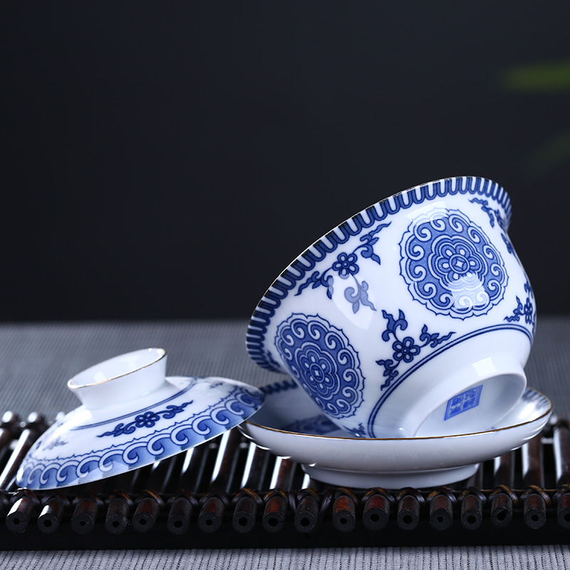 Jingdezhen ceramic blue tureen three to bowl tea hot tea cups white porcelain three medium bowl bowl pot