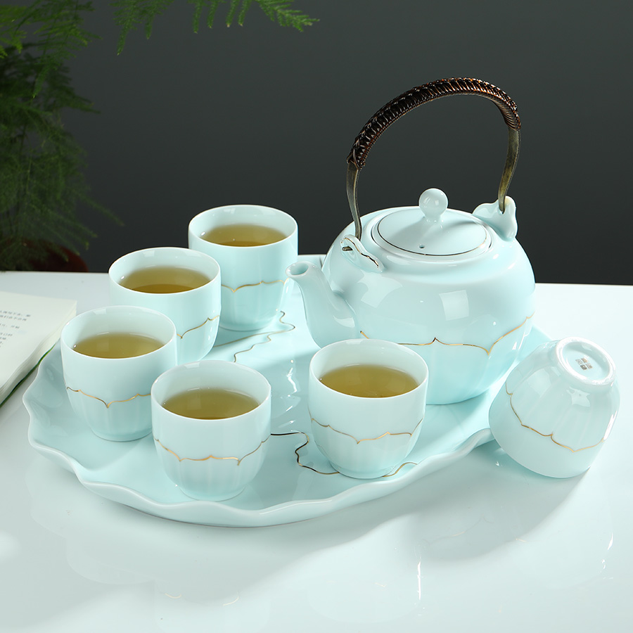 Shadow celadon girder tea sets water set household porcelain cup large capacity belt filter paint kettle the teapot tea tray