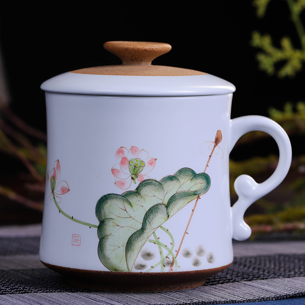Jingdezhen ceramic hand - made teacup with cover filter cup tea cup of water glass tea set personal office meeting