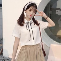 Summer new Korean hipster bow lace-up doll collar short sleeve shirt female students slim chiffon shirt