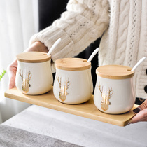 European creative kitchen household with spoon lid ceramic seasoning can seasoning tank set combination seasoning box three-piece set