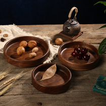 Black walnut whole wood round tray Japanese solid wood fruit plate snack dish household refreshment candy plate wooden storage plate