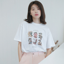 Cat Niang Zhi t-shirt womens summer 2021 loose printing short-sleeved design sense niche with ins casual white top