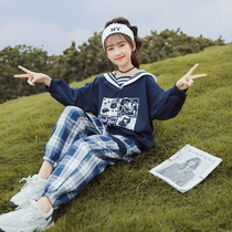 Girls college style plaid suit 2021 Autumn New Tong JK navy collar pleated skirt trousers two-piece set