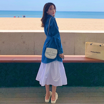 Early autumn fashion Hong Kong style suit female retro chic aged denim jacket skirt student two-piece set