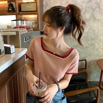 High-end vintage short-fit square neck striped T-shirt short sleeve blouses 2020 New womens tennis red and compassionate womens ins overfire