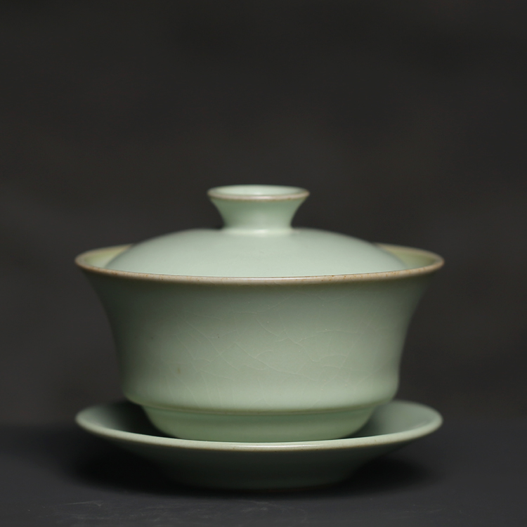老货天青汝窑盖碗广瓷汝瓷开片可养金线功夫茶冲茶器三件茶具家用