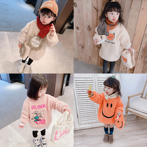 Spring and Autumn girls  coat velvet thickened 2021 new female baby lambskin sweater medium-long baby sweater