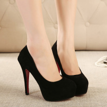 Suede high heels round head large size female heels waterproof Taichung single shoes black professional shoes 6-7-8-10cm