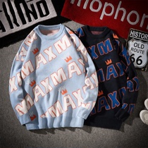 Hong Kong Tide Brand Round Neck Sweater Men Korean Casual Couple Knitted Jacquard Top Size Loose Letter Jacquard Top