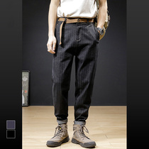 Hong Kong Tide Cards 2022 Spring Fall New Design Feeling Striped Jeans Men Loose elastic straight cylinder pants