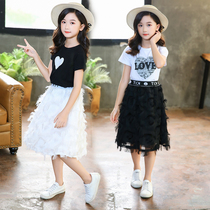 Girls foreign style summer feathers suit skirt 2021 New Korean version of childrens clothing childrens short sleeves fashionable two-piece set