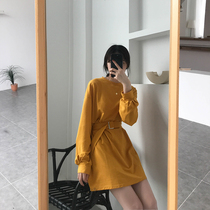 T-shirt dress woman 2021 spring autumn new Korean version chic pure color long sleeve head lacing to collect waist display slim T-shirt dress