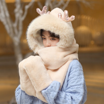 Small deer winter hat scarf all-female winter gloves Three three-in-one plush cute bike round neck hat