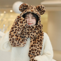 Winter small Bear ears hat scarf all-female winter cute gloves Three three-in-one plush BAO WEN warm