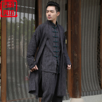 Ancient Yun Xiufang Chinese style long coat loose striped cotton and linen windbreaker spring dress Hanfu men linen Tang suit