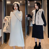 Pregnant women autumn set 2019 New plus velvet padded sweatshirt womens vest lamb coat winter dress