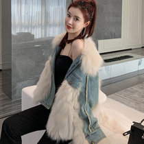 New Winter 2022 Fox Fur Patchwork Jeans Down Parka Jacket Young Women Silhouette Fur Coat Short