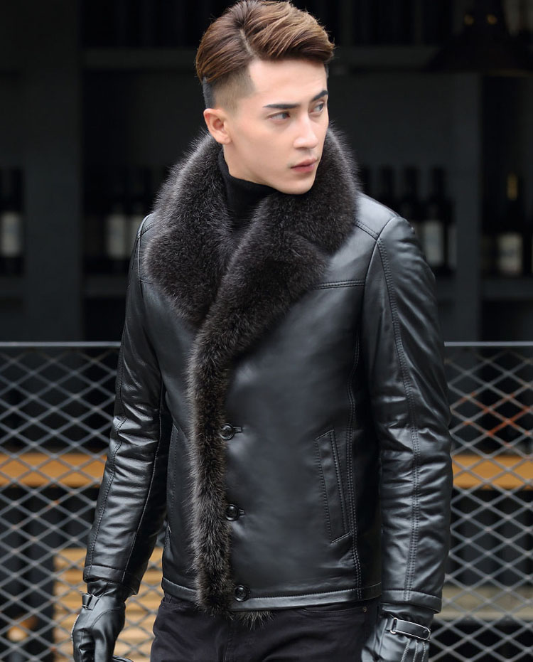 冬季海宁男士真皮皮衣貉子毛领皮毛一体男外套修身羊羔毛皮草大衣