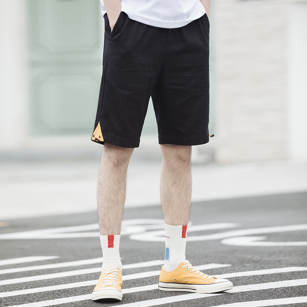 uoohe潮牌运动短裤男2019夏季撞色裤脚收口透气薄款宽松五分裤