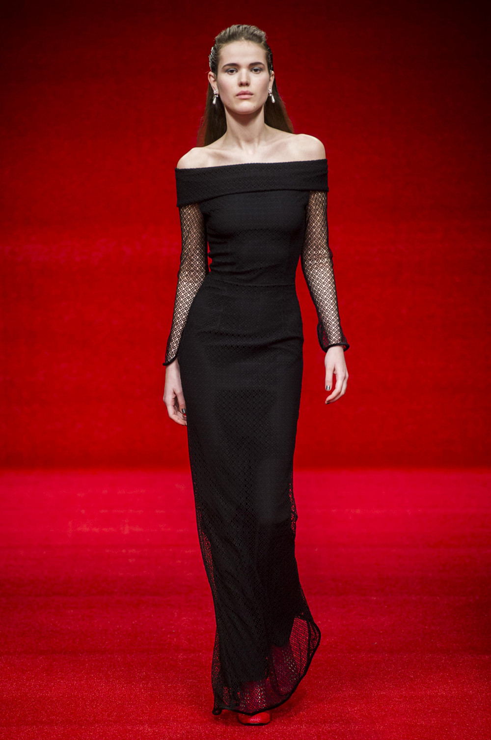 名媛风高端定制抹胸一字肩连衣裙修身长款气质欧美晚礼服蕾丝长袖_8折