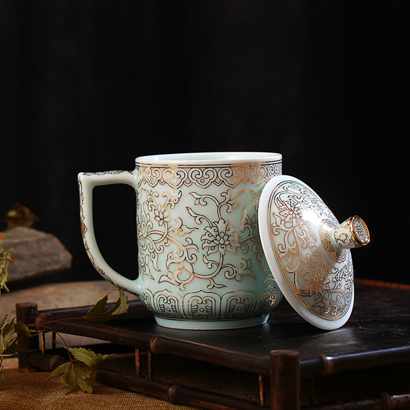 Jingdezhen ceramic office shadow blue glaze with cover cup tea cup of the big hand paint cup tea cup