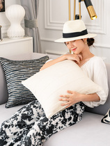 Beige striped holding pillow modern minimalist style plate room leaning on pillowsitting couch cushions bed by bag waist pillowcase Nordic