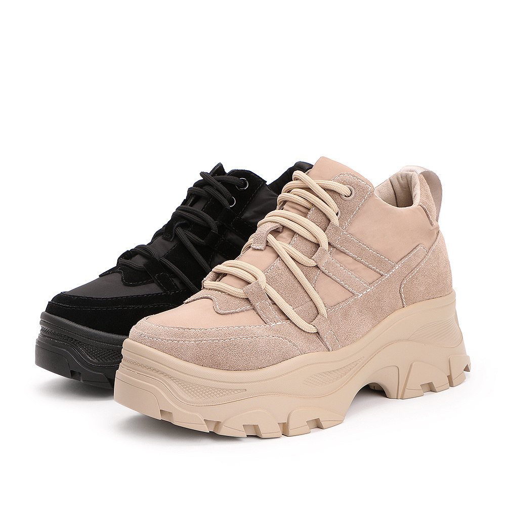 百丽女鞋2019春新款牛皮革绒面厚底松糕鞋系带休闲单鞋bz220am9