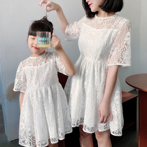 Red 2021 new foreign-style parent-child outfit spring and summer Korean style fashion mother and daughter clothes lace waist slim dress