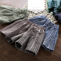 Foreign style childrens clothing girls linen shorts literature and art fan summer baby cotton hemp pants childrens beach pants wear