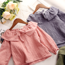 Children spring and autumn girls ruffled collar cotton linen shirt baby Korean version of art fan long sleeve base shirt T top