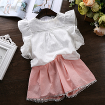 Girl set 2021 summer new children fresh wooden ear White flying sleeve T-shirt cotton linen shorts two-piece set
