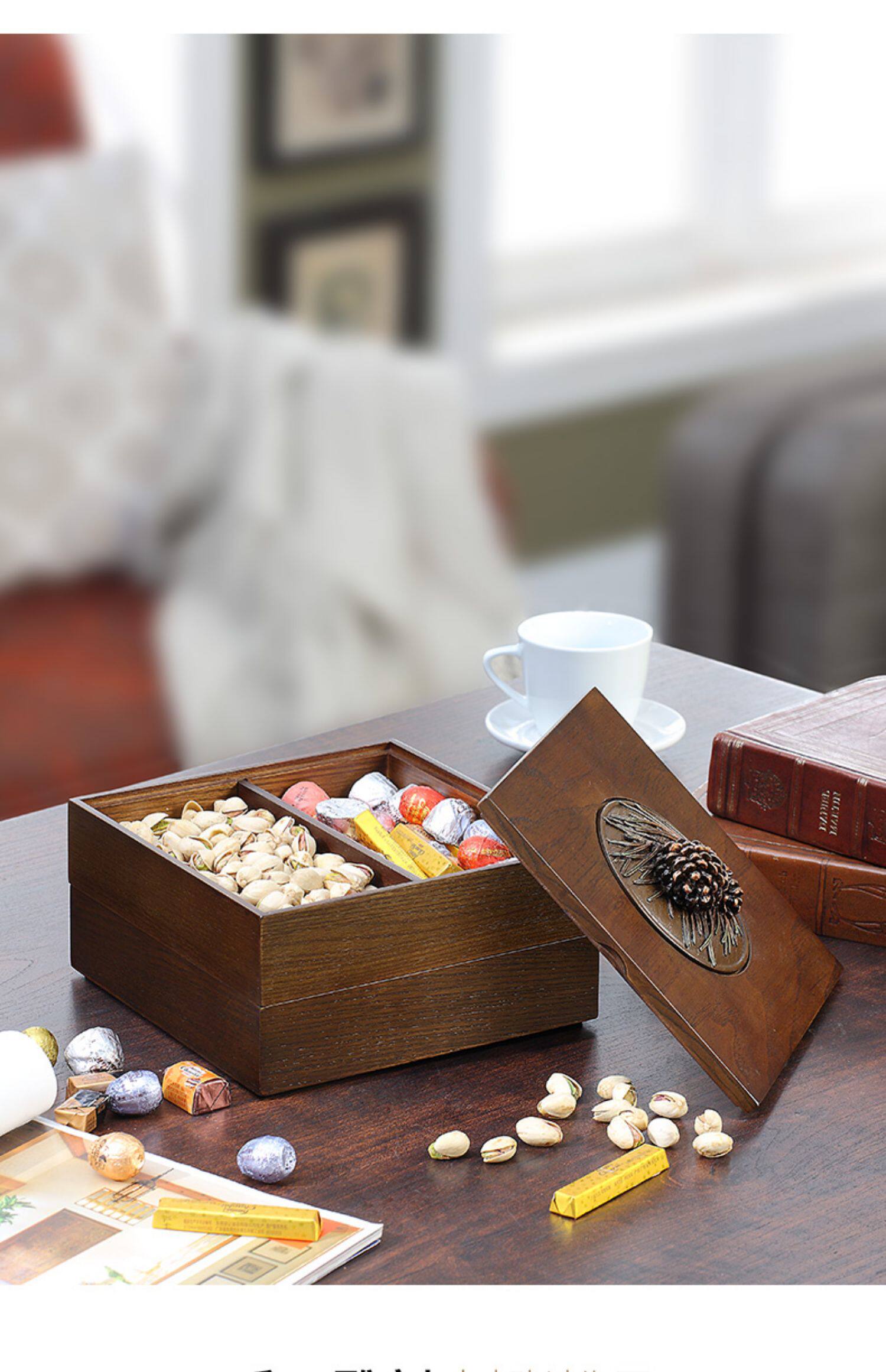 新年糖果盒双层瓜子盘客厅干果盘带盖木质创意家用分格零食收纳盒